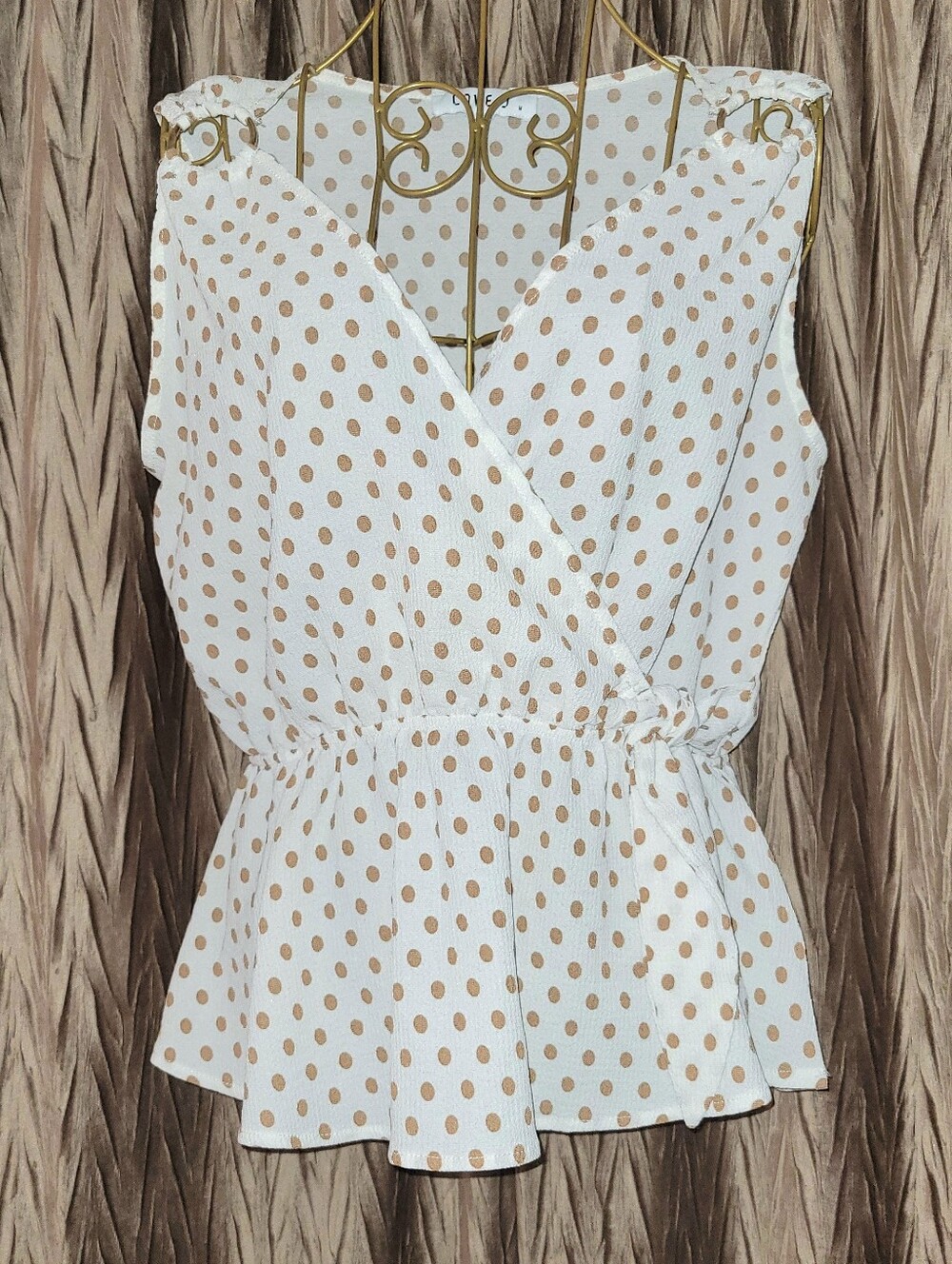 Love J Gold O-Ring Polka Dot Sleeveless Wrap Peplum Blouse Size M EUC